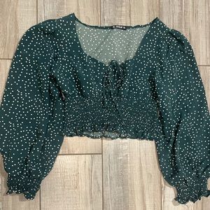 Green poke-a-dot crop top, long puffy sleeves. Size Large from Shein